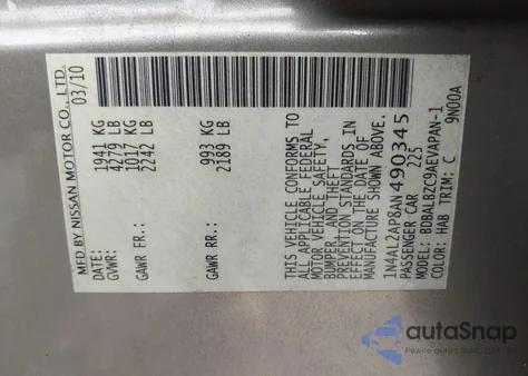 2010 Nissan Altima 2.5 S z USA, uszkodzony, nr VIN 1N4AL2AP8AN490345